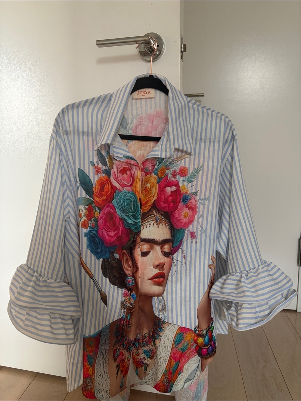 Herya Blue Stripe Floral Portrait Button-Down Blouse
